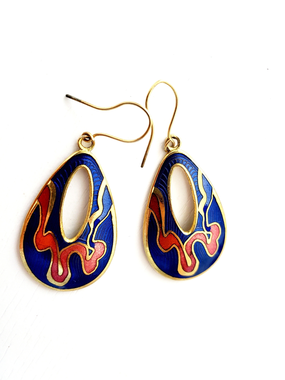 Gold-Tone Blue and Red Teardrop Enamel Earrings - Vintage